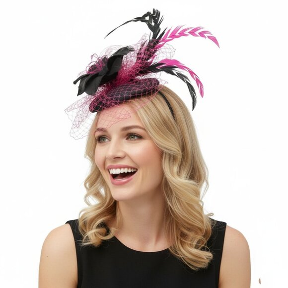Sinamay Handmade Pink & Black Feather Fascinator | Derby Wedding Hat Headband - Picture 1 of 8